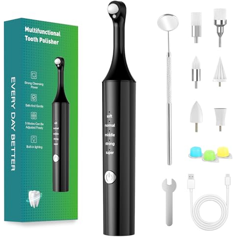 Tooth Polisher, Electric Teeth Polishing Kit for Teeth Cleaning & Whitening, 5 Speeds with LED Light, Rechargeable Dental Polisher with 6 Heads, Waterproof Portable Oral Care Kit for Home & Travel Use