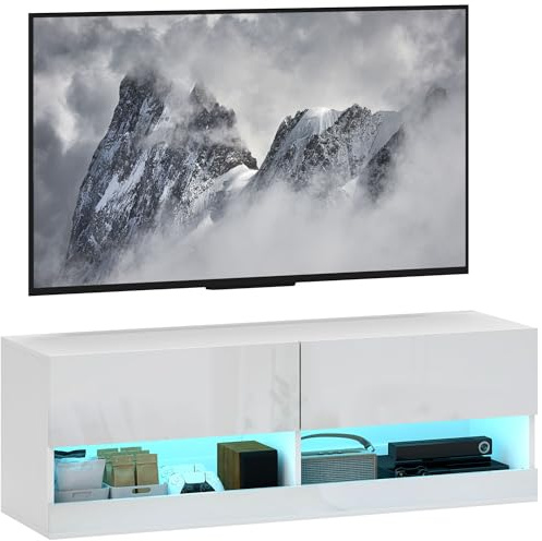 HOMCOM TV Schrank TV Board hängend mit Schubladen 120 cm lang TV Lowboard mit LED-Beleuchtung, 16 Blinkmodi für Fernseher bis zu 50 Zoll Fernsehtisch für Wohnzimmer Hochglanzweiß