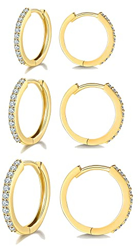Wynn's Sterling Silver Hoop Earrings - S925, Gold Earrings for Women & Girls, Cartilage Sleeper & Huggie Hoops with Cubic Zirconia, 8/10/12mm