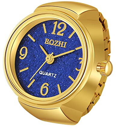 JewelryWe Men Women Finger Watch Gold-Silver Plated Elastic Watch Rings Glitter Round Dial Quartz Ring Watches,