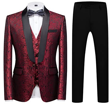 KUDORO Herren Anzüge Slim Fit 3-Teilig Paisley für Hochzeit Business Party Eine Knöpfe Jacquard Smoking Herrenanzug Sakko Weste Hose(Rot,S)