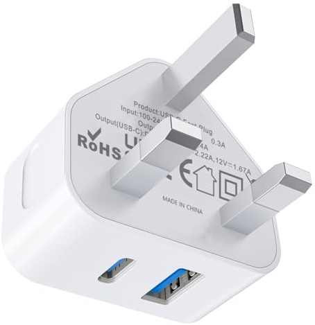 USB C Plug Fast Charge,25W USBC Charger Plugs Adaptor UK for New Apple iPhone 17 Pro Max Air 16e 16 Series/15 Series/14 Series/13 Series/12/11 SE/iPad Series/Watch,Type C and A USB Port Charging Plug