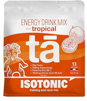 Boisson Énergétique fabriquée en France. Apport en Glucides, Electrolytes (sodium, magnésium, potassium) Vit (C, B6, B12) et BCAA. Sac de 520g soit 13 bidons de 500ml (Tropical)