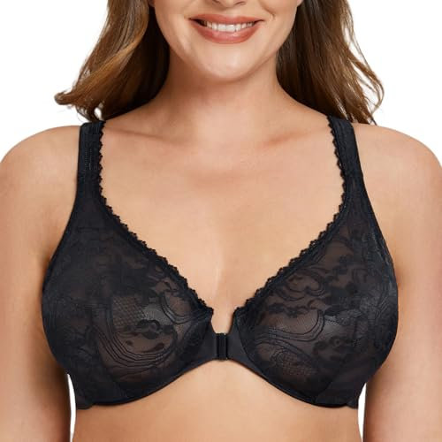 MELENECA Women's Plus Size Front Closure No Padding Full Coverage Lace Underwire Bra Black 38G