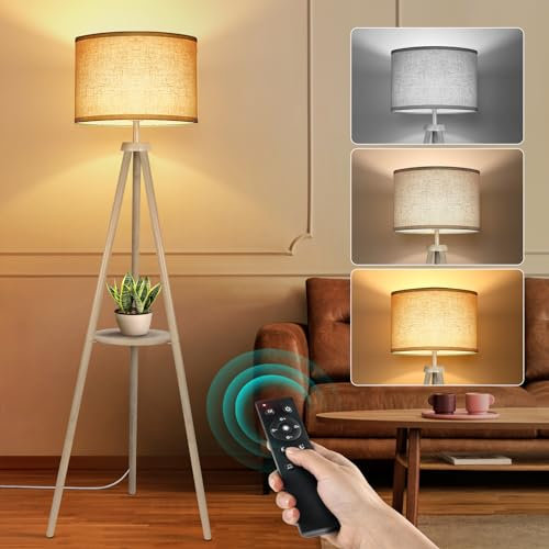 OUTON Solid Wooden Tripod Floor Lamp, Bulb Included, Standing Lamp with Remote Control, Dimmable & 4 Color Temperatures, 1H Timer, Floor Lamp with Storage Shelf for Living Room Bedroom, Grey