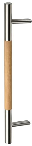 HISKA Haustürgriff Silence Ø35mm Eiche Natur | 45° schräge Stützen | Stoßgriff variables Achsmaß Holzgriff Türgriff Haustür außen (Edelstahl 1000mm)