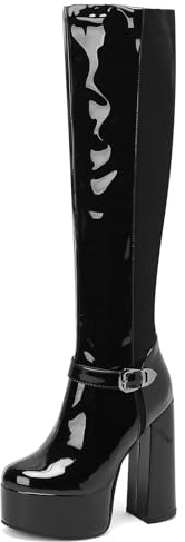 Sweet Platform Boots Thigh High for Women Wide Calf Overknee Boots Round Toe Block High Heels Party Dressy Boots Zipper Leather Black Size 36
