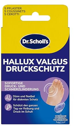 Dr. Scholl’s Hallux-Valgus Druckschutz mit Hydrogel Technologie, 5 Stück, Sofortige und ganztägige Schmerzlinderung bei Hallux-Valugus, schützt vor Reibung und Druck durch Schuhe, dünn und flexibel