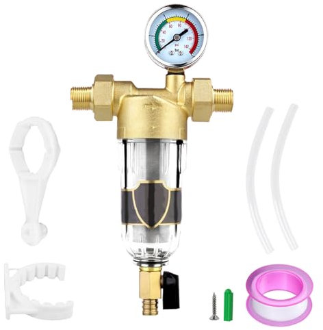 Filtro Agua con Manómetro, Prefiltro para Sistemas de Agua Domésticos de 1 Pulgada Filtro de Agua para Agua Potable Conexión Doméstica Prefiltro de Sedimentos Centrifugado Filtro de Retrolavado
