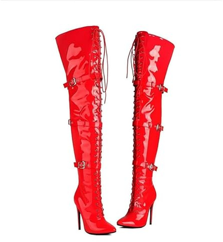 Veelau Meieer Stivali da donna sopra al ginocchio, punta chiusa, stiletto, tacco alto, in pelle lucida, con lacci e fibbie, Colore: rosso, 39 EU