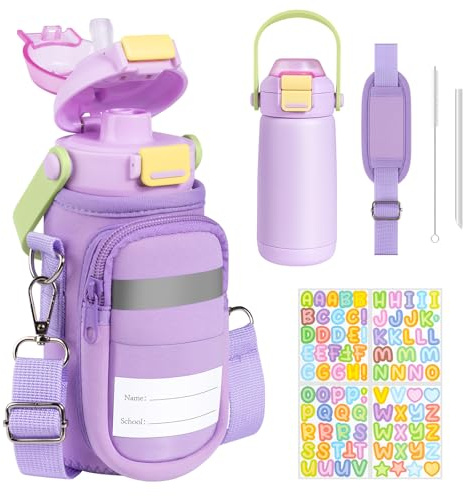 REDSHELL Kids Water Bottle with Carrier Bag, Stainless Steel Toddler Tumbler for School Boys Girls, 14oz Vacuum Insulated Jug with Sling Holder, Cute Sleeve Kid Cup with Straw Lid & Handle, Purple