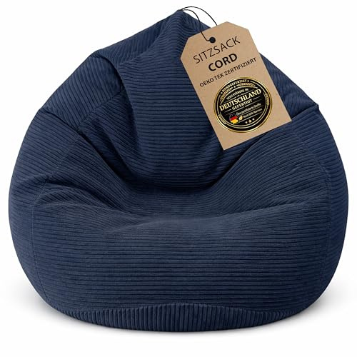 BuBiBag Premium Sitzsack Cord XXL – Fertig befüllt & Oeko-Tex Zertifiziert – Kratzfester Breitcord Gaming Sessel – Robuster Bean Bag für Kinder & Erwachsene – Pflegeleicht (Navyblue 120x95cm)