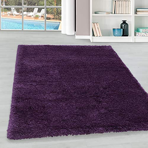 Hochflor Teppich Wohnzimmer Einfarbig Schlafzimmer Esszimmer Flur Läufer Unicolor & Einfarbig Weich & Flauschig Langflor Pflegeleicht Läufer Teppich in Farbe: Lila, Grösse: 60 x 110 cm