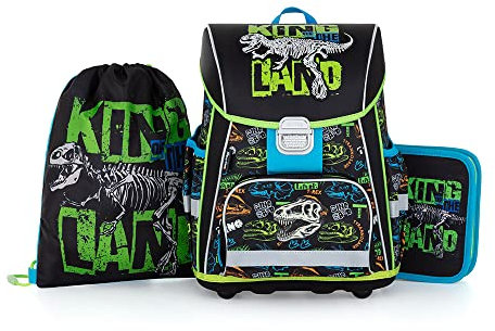 OXY BAG PREMIUM Dinosaurier Schulranzen 3tlg für 1.-3. Klasse | Ergonomisch, Reflektierend, 28L Volumen | Inkl. Schuhbeutel & Federmappe | Ideal für Grundschüler mit Stabilen Boden, Anatomische