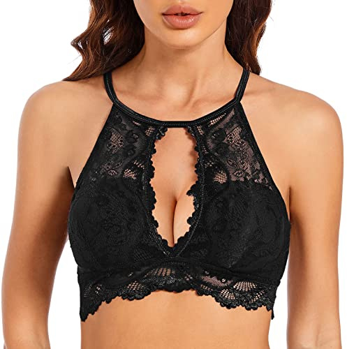 SHEKINI Women Sexy Hollow Out Lace Bralette High Neck Bra Padded Wireless | Vest Crop Top