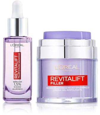 L'Oréal Paris Routine Rimpolpante e Anti-rughe, Con Siero Viso e Crema-Gel, Pelle Idratata più a Lungo, Rughe Ridotte, Con Acido Ialuronico, Revitalift Filler