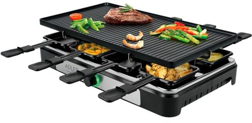 Adler Elektrisk raclettegrill komplett med kastrull, rökfri grill i modern stil för 8 personer, stor grillyta, elektriskt grillgaller för tillagning av mat