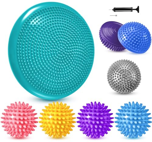 Meooeck 8pcs Hedgehog Balance Pods with Hand Pump Including 1 Balanced Pad, 3 Balance Pods, 4 Spiky Massage Balls for Body Balancing, Sensory Play for Adult Dog Exercise Stability(Fresh Colors)