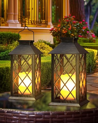 Otdair Solar Lanterns Outdoor Waterproof 14 Flickering LED, 2 Pack, Bronze