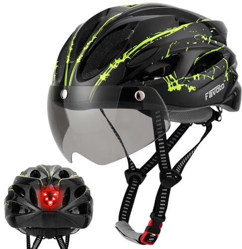 Favoto Bike Helmet with Light for Men & Women, Lightweight Bicycle Helmet with Magnetic Goggle, Rear LED Light, Removable Lining, Adjustable Size 59-61 cm, EPS In-Mould Technology Black Green
