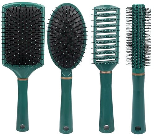 Hair Brush Set,SiHuiTu 4 Pcs Anti Static Massage Oval Comb Round Hair Brush,Detangling Brush,Paddle Brush for Women Men (Green)