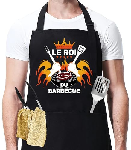 AWCIGG Tablier Barbecue Homme Papa Tablier Cuisine Homme Cadeau Anniversaire Fete Des Peres tablier Roi Du Barbecue Chef Humoristique Accessoire Avec 3 Poches Pour BBQ Fête Noël