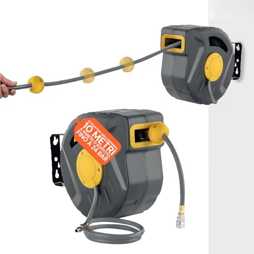 Daimann - Avvolgitubo Aria Compressa 10m con Riavvolgimento Automatico, Tubo per Compressore Aria in PVC Resistente, Montaggio a Parete o Soffitto, Compatto e Flessibile