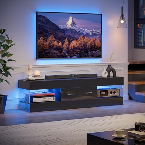 Bestier TV Stand for 55/60/65 Inch TV, High Gloss Modern TV Stand with Stone-Patterned Side Panels, LED Entertainment Center with Large Drawer, TV Consoles for Living Room, Bedroom (Glossy Black)