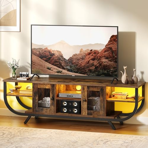YITAHOME Industrial 140cm TV Stand Cabinet with LED Lights,TV Unit with Storage Cabinets & Open Shelves, Metal Frame TV Cabinet Fits Up to 65 Inch TV for Living Room,Rustic Brown
