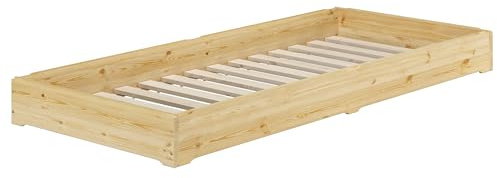 Erst-Holz®Niederflurbett Gästebett 90x200 Kiefer lackiert Bodenbett Stapelbett mit wählbarem Zubehör V-60.69K-09Rollrost inkl.