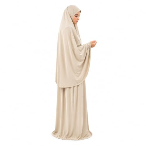 Prayer Set Two Piece (Khimar + Skirt) One Size Pull on Headscarf Stretchy Lycra Ideal Everyday/Home/Work/Travel/Hajj/Umrah/Mosque/Madrassa/Ramadan/Eid/Gift (Beige)