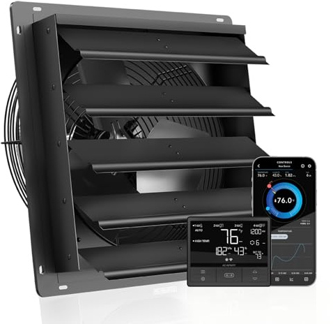 AC Infinity AIRLIFT T20, 500mm-Abluftventilator mit WLan-Temperatur- und Feuchtigkeitsregler, EC-Motor Wandmontage für Belüftung und Kühlung in Schuppen, Dachböden, Werkstätten und Gewächshäusern