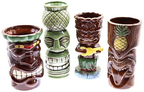 Set di 4 tazze Tiki Tropical Bicchiere da Cocktail Tiki Set di Tazze in Ceramica Ispirazione Cultura Polinesiana Bevande esotiche e tropicali hawaiane cocktail