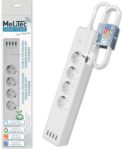 4-Fach Smart Mehrfachsteckdose mit 4-Fach USB | kompatibel mit Alexa und Google Home | Zeitschaltuhr | Sprachsteuerung und Fernbedienung | Wandmontage | MeLiTec