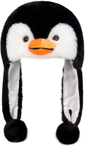 Audaisyly Funny Plush Animal Hat with Ear Flaps, Soft Fleece Hats Cute Bunny Cap for Kids Women Girls Cosplay Party Holiday Gifts (Penguin)