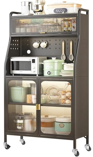 ONKBOITE Küchenschrank, Buffetschrank Küchenschränke, 5-stufiges Vorratsschrank,Mikrowellenschrank mit Close-Funktion,erstellbare Einlegeböden und Kabelloch mit Sichtbare Türen Schwarz (86x36x164cm)