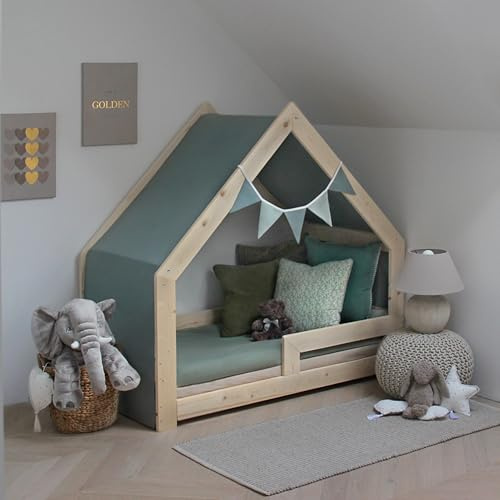 Need Sleep Hausbett Himmel mit Wimpelkette für Bett 90x180 cm - 100% Baumwolle Betthimmel Mädchen Junge- Himmelbett Vorhang für Kinderbett - Baldachin Kinderzimmer Deko Grün (402 cm x 90 cm)