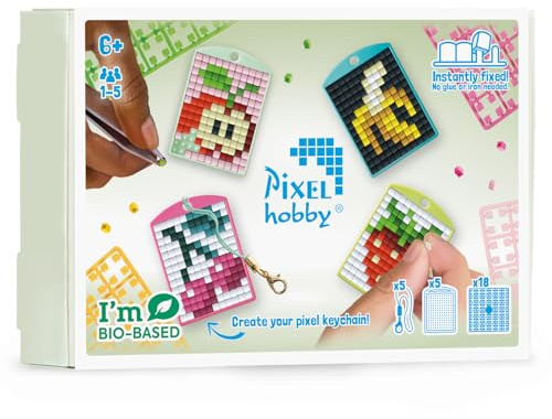 Pixel P23903 - Mosaik Medaillon Themenbox Obst, Schlüsselanhänger für Kinder zum Selbstgestalten, kinderleichtes Stecksystem, ohne Bügeln und Kleben, Steinchen aus Biokunststoff