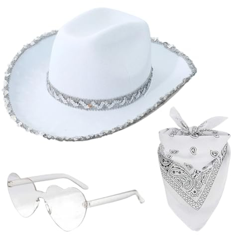 APPCRFM Cappello da Cowboy Bianco, Cappello Cowboy Donna, 3 Cappelli da Cowboy Western, Sciarpa con Occhiali a Forma di Cuore - Adatta per Feste di Compleanno, Balli in Maschera e Feste in Costume