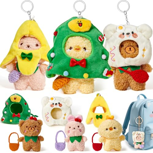 Winrayk Dress Up Stuffed Animals Plush Keychain Mini Plush Toys with 6Pcs Hoods & Accessories 27 Combinations, Cute Plushies Bulk Stuffed Animals Party Favors for Kids Girl Easter Christmas Gift Prize