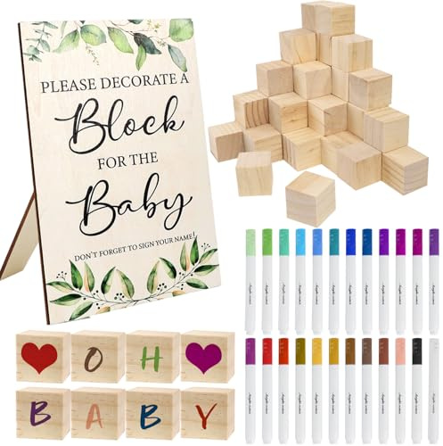ROTKUSZ 75 Stück Babyparty Spiel Schilder Set, Inklusive 50 DIY-Holzwürfel, 24 Acrylfarben-Marker und 1 Spielschild, 35mm Holzklötzchen zum Basteln, Natürliche Schnitzblöcke für DIY, Malen, Handwerk