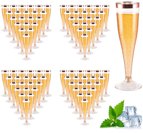 AKOLAFE 100 stycken champagneglas plast, 150 ml champagneglas, återanvändbara champagneglas med rosa kant, BPA-fritt champagneglas, stapelbara rosa för bröllop, födelsedagar, fester