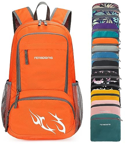 FENGDONG 35L Lightweight Foldable Waterproof Packable Travel Hiking Backpack Daypack for men women Orange