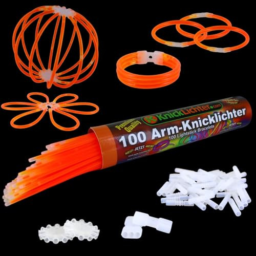 100 Arm-Knicklichter Orange – ca. 8h Leuchtdauer – inkl. 100 hoch elastische Verbinder - zusätzlich zwei 3-fach & zwei Ballverbinder – Geprüfte Qualität aus DE