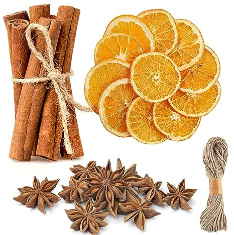 60 Stück Natur Dekoration Weihnachten Deko Adventskranz, 30 Getrocknete Orangenscheiben, 20 Zimtstangen, 10 Sternanis und 3M Juteschnur, Orangenscheiben Zimtstangen zum Basteln für Weihnachtskranz