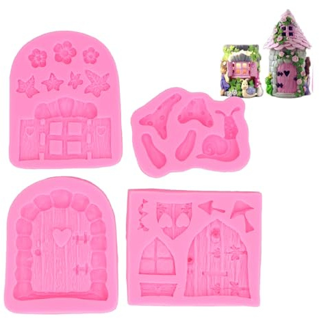 Fairy Garden Gnome Door and Window Silicone Mould Cake Silicone Fondant 3D Candy Moulds Set of 4 Silicone Fondant Chocolate Mold Tool for Crafting Polymer Clay Cakedecorating