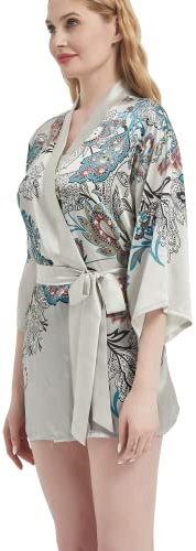 Prettystern Minivestido corto de seda de satén para mujer, kimono, bata, chaqueta, disfraz de yukata, Mi07 gris claro, Talla única