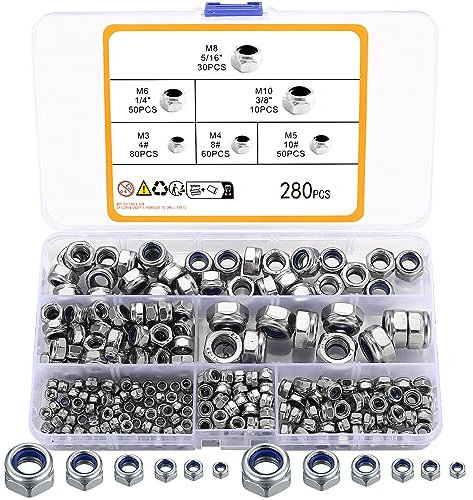 Lot de 280 écrous hexagonaux métriques avec insert en nylon en acier inoxydable pour boulons, boulons, vis - 4# (M3) 8# (M4) 10# (M5) 1/4 (M6) 5/16 (M8) 3/8 (M10)