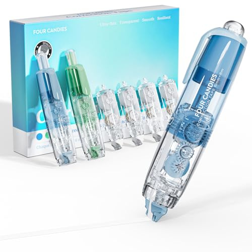 Four Candies White Out Correction Tape, 2PCS Colorful Refillable Retractable Cute Mini Aesthetic Quick Dry White Out with 4 Replacement Tapes for Home School Office Supplies (Blue Green)