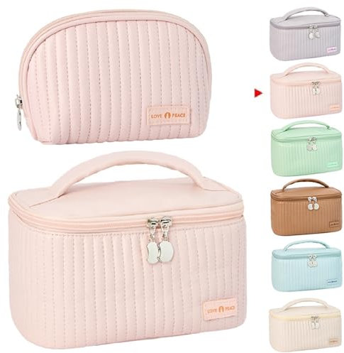 2er Set Reise Kosmetiktasche Kulturtasche Schminktasche, wasserdichte PU Leder Make Up Tasche Mit Reißverschluss, Tragbare Kosmetische Pinsel Taschen Makeup Organizer Für Damen Mädchen (Rosa)